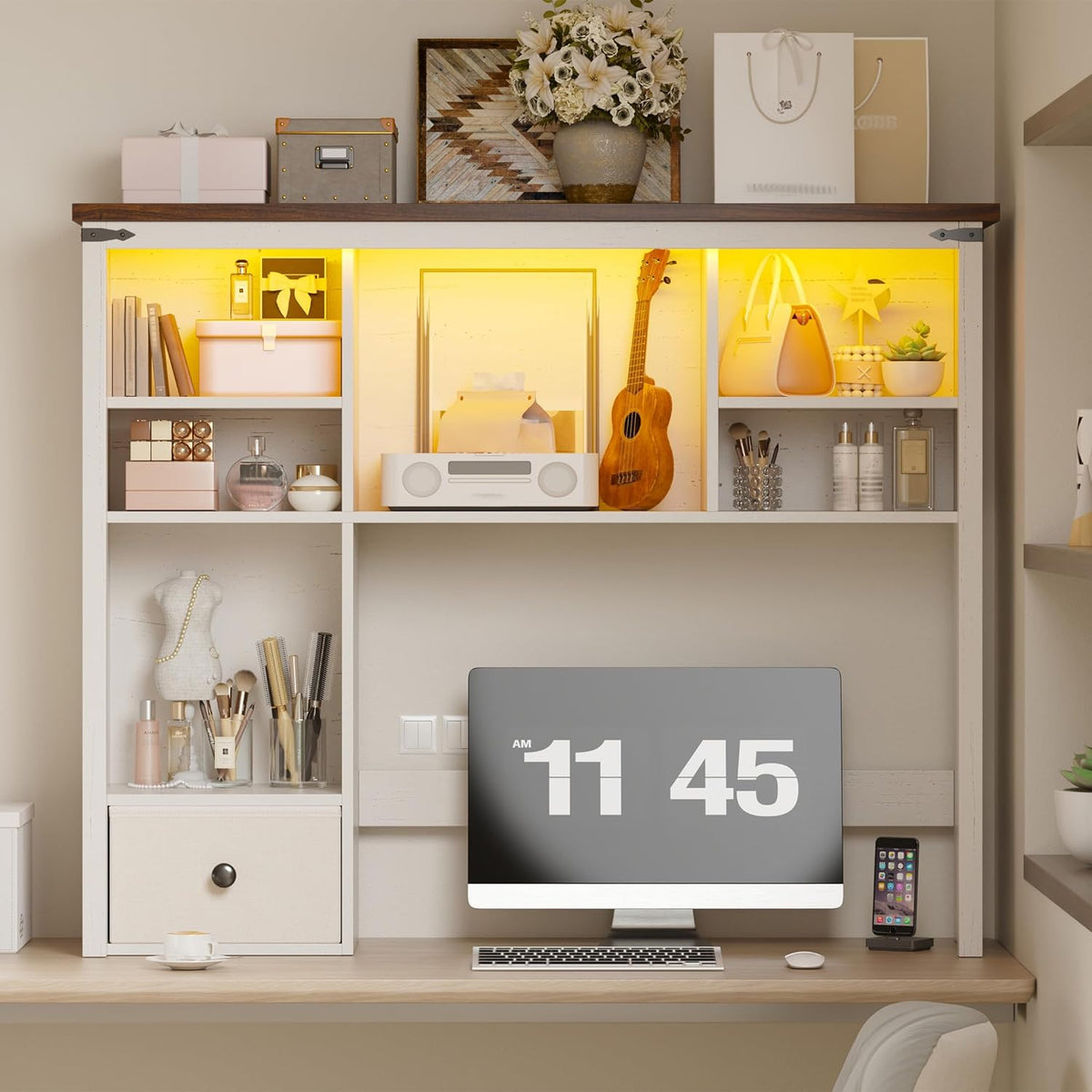 EnHomee Desktop Bookshelf, Computer Up to 27”, Adjustable Storage Shelf