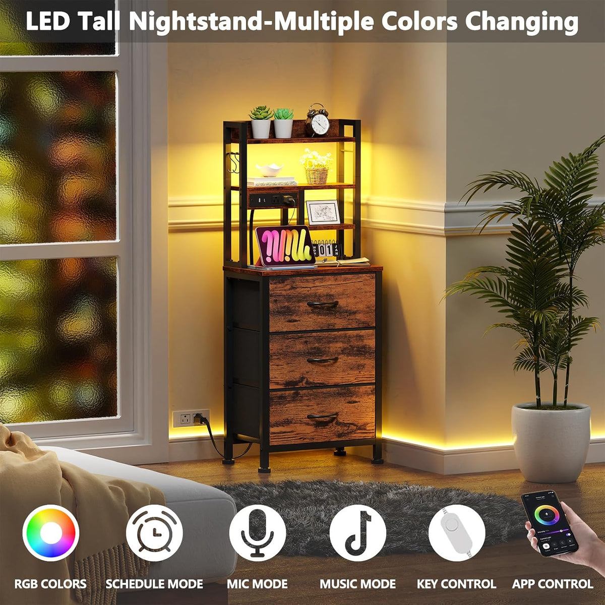 Furnulem Tall Nightstand, 45.3" Bedside Table & End Table, 3 Fabric Drawers
