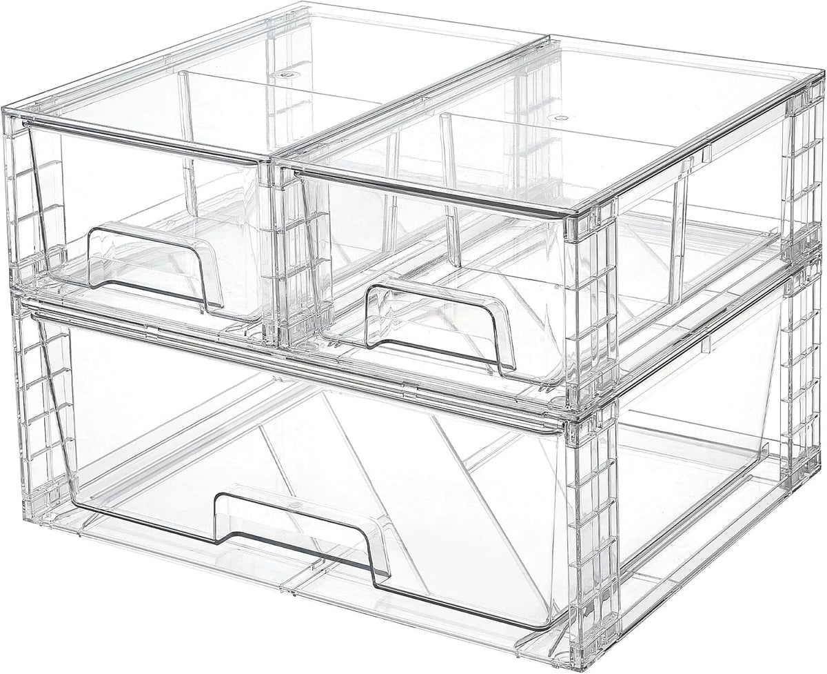 Vtopmart Clear Stackable Storage Drawers, 3 Pack Wide Organizer Set
