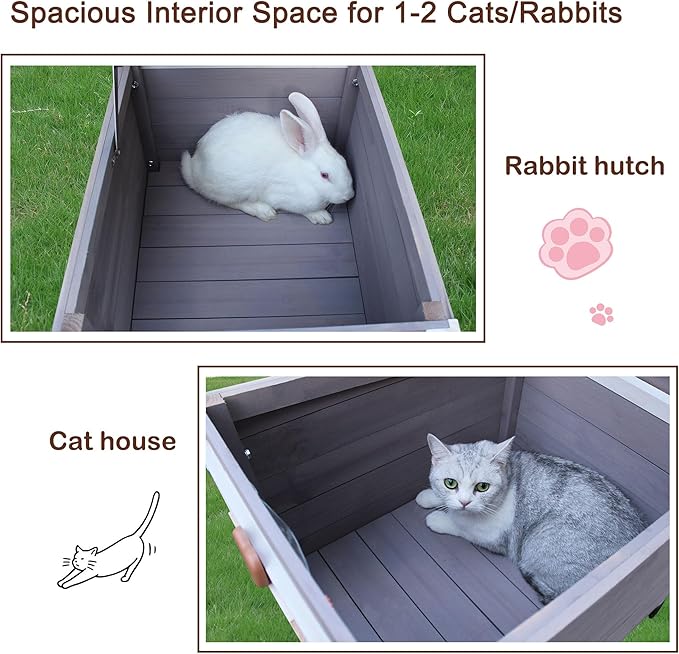 Rockever Outdoor Cat House,Outdoor cat Houses for Feral Cats Weatherproof Rabbit Hutch Small, Wooden Small Pet House and Habitats-Grey