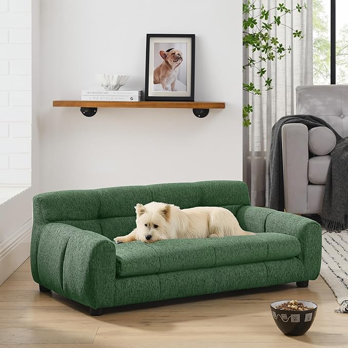 38" Dog Couch Bed for Large with Backrest and Armrest, Modern Pet Bed Comfortable Dog Couch for Medium and Large Dogs, Linen Fabric (Green)