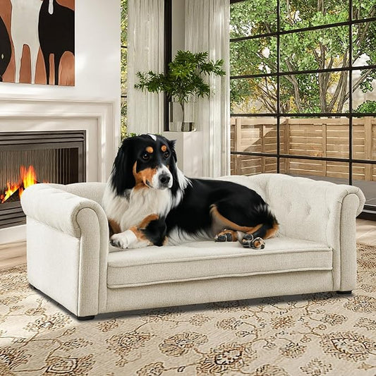 Dog Couch for Large Dogs, Elevated Durable Pet Sofa Bed, 24" W Comfortable Modern and Stylish Dog Sofa Couch with Dry Cleanable Fabric, Furniture for Medium & Large Breed (Beige)