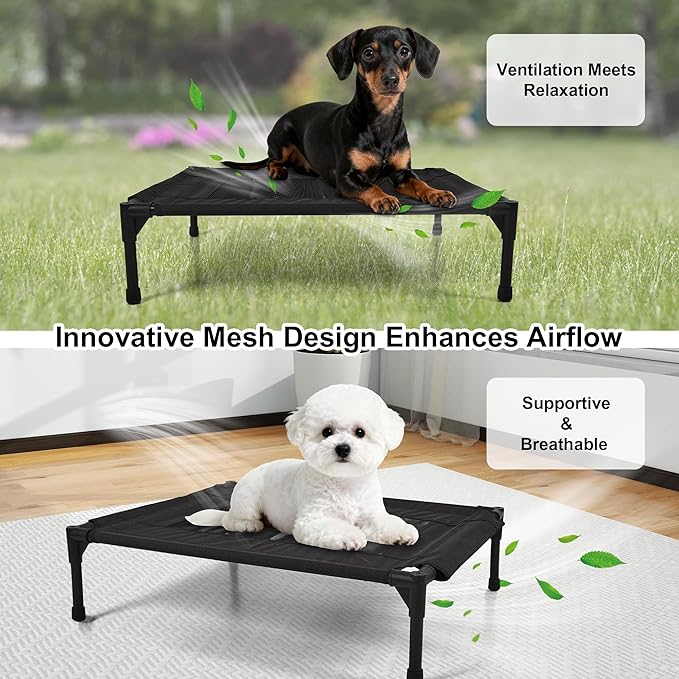 Raised Dog Bed Cooling Cot for Indoor Outdoor Use Portable Waterproof Mesh Pet Bed Washable for Large Medium Small Dogs, Black