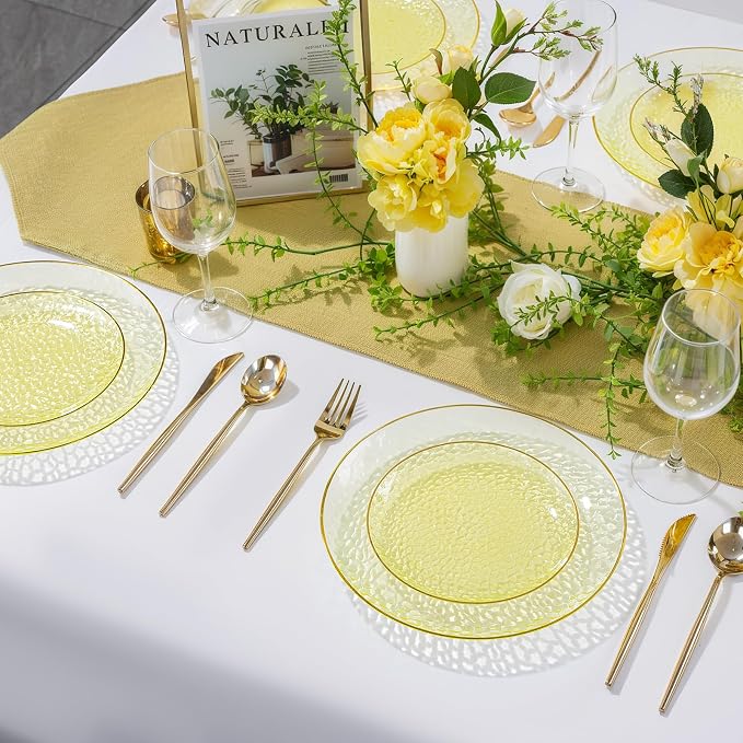 Rubtlamp 60Pcs Yellow Gold Plastic Plates, Hammered Plastic Plates Include 30