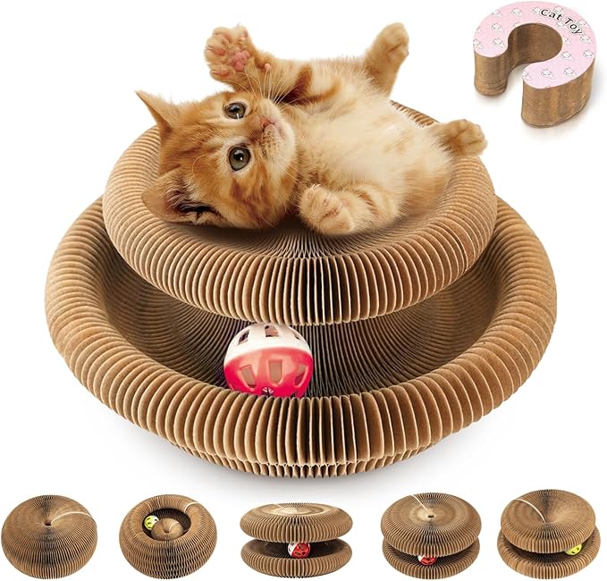 Collapsible Cats Cardboard Scratcher Interactive Pet Toys for Indoor Cats with Ring Ball Magnetic Kitten for Chase Scratch Pink
