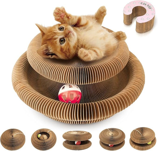 Collapsible Cats Cardboard Scratcher Interactive Pet Toys for Indoor Cats with Ring Ball Magnetic Kitten for Chase Scratch Pink