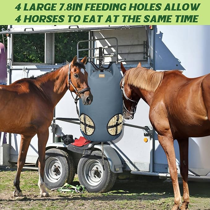Hay Bags for Horses,4 Holes Slow Feeder Hay Bags for Goats,Sheep,Donkeys,Large Capacity Hay Feeder with Adjustable Top Opening for Easy Filling(Grey)