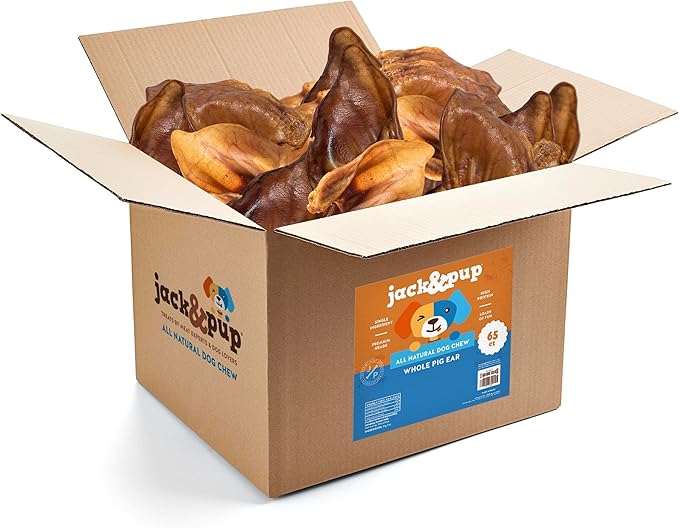 Jack&Pup Whole Pig Ears for Dogs | Premium Pig Ears Dog Treats for Large Dog to Small | All Natural, Digestible and Single Ingredient (65 Pack)