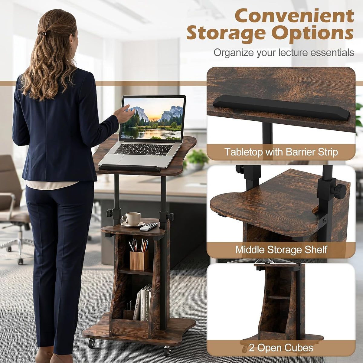Tangkula Mobile Lectern Podium, Height Adjustable Podium Stand, Sit-to-Stand Desk with Tilting Tabletop & Storage Shelves, Rolling Laptop Cart Desk with Lockable Casters for Home Office School