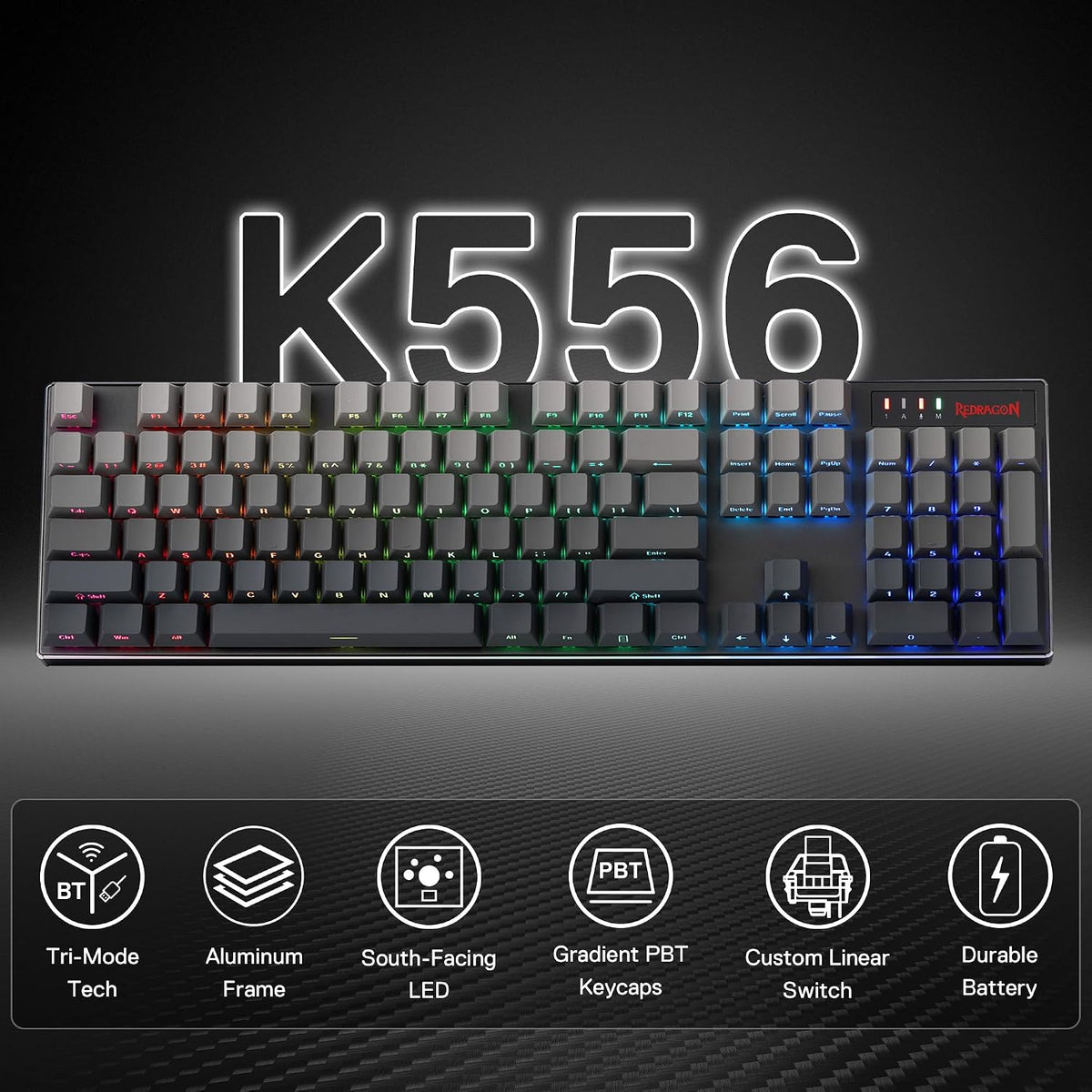Redragon K556 PRO Wireless RGB Gaming Keyboard, Aluminum Board, PBT Keycaps