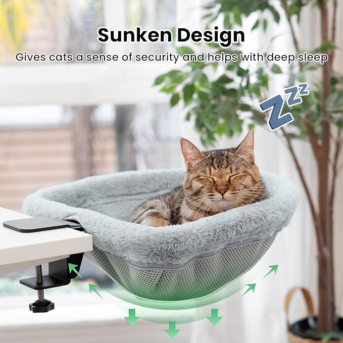 Cat Desk Bed - One-Click Folding,Sunken Design & Space-Saving Semi-Circular Cat Bed, Soft Faux Rabbit Fur Material, Suitable for Various Desktops-Maximum Hold Up to 40lb