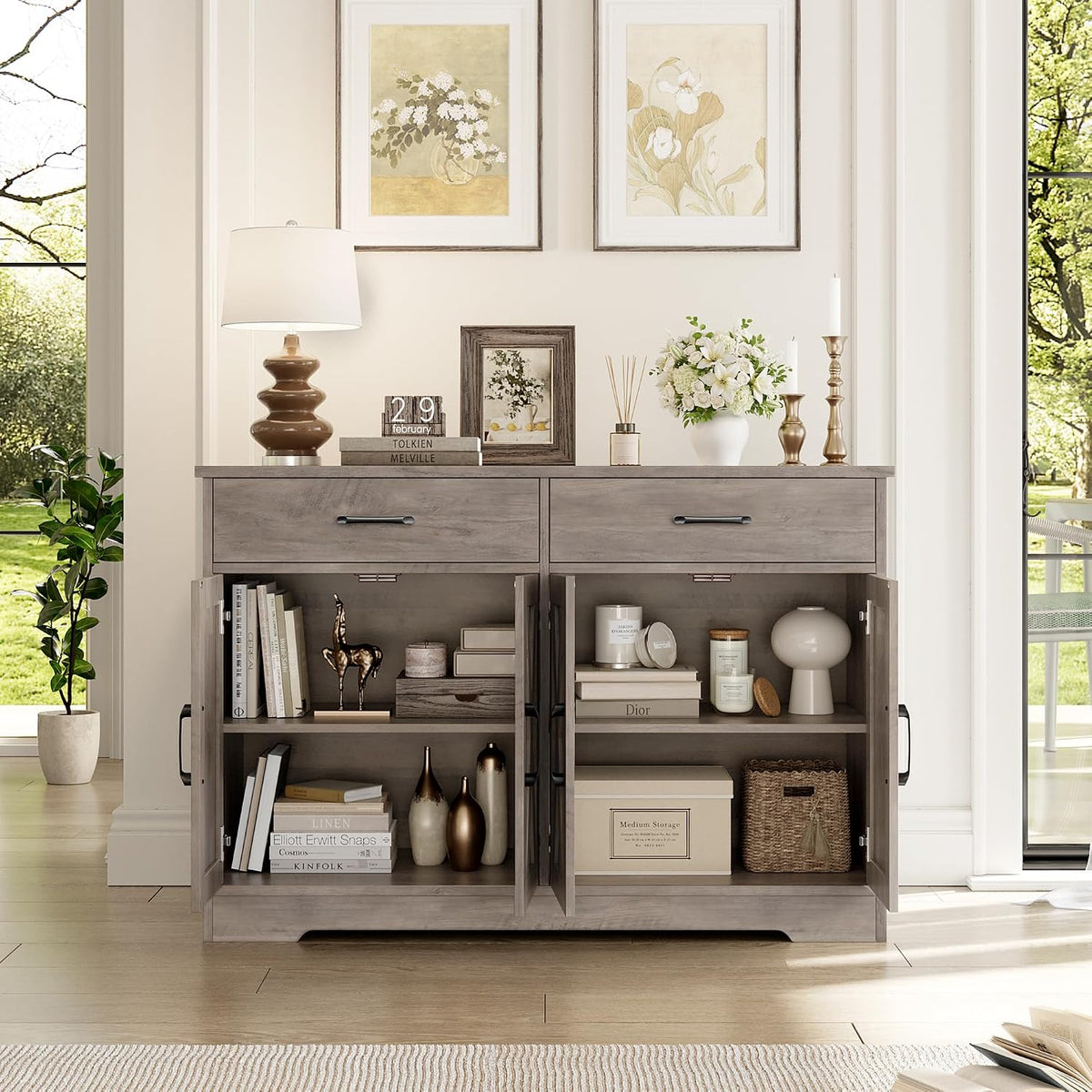 HOSTACK 47" W Kitchen Sideboard Buffet Cabinet with Storage Drawers, Grey