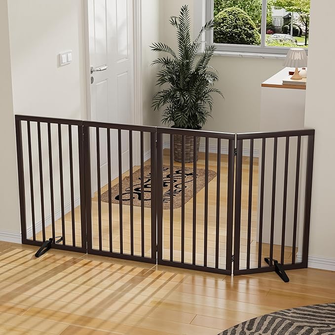 Dog Gate for Doorways 32" Tall Freestanding Dog Gate for Stair Foldable Pet Gate for Dogs Indoor (Brown,4 Panel)