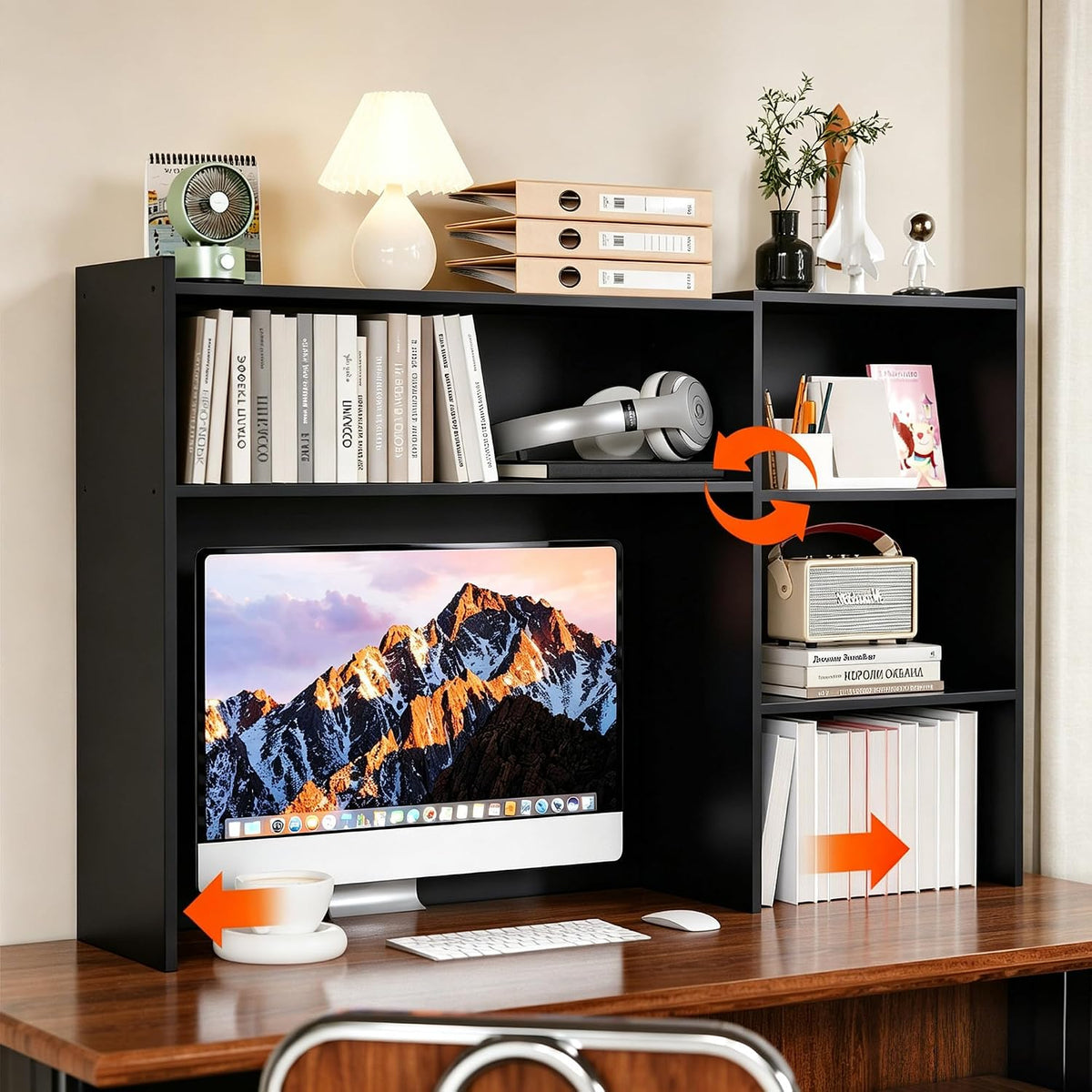 Aetheris Desktop Bookshelf, 43”Adjustable Office Desktop Organizer Shelf, Countertop Storage Hutch with 4 Shelves for Computer Desk, Adjustable Desk Hutch, Wooden Desktop Bookcase (Black)