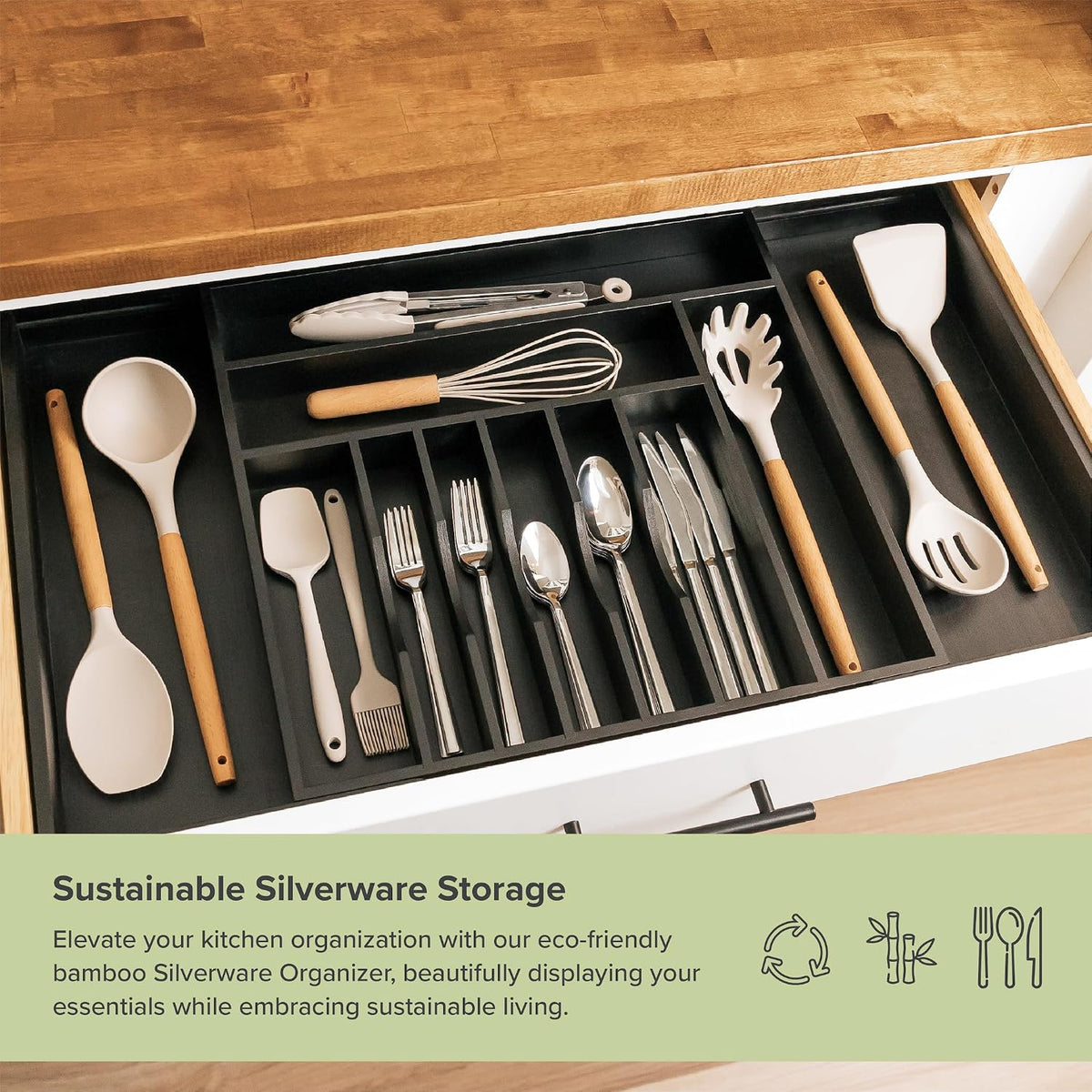 KitchenEdge Silverware & Utensil Drawer Organizer, 18-33 in, Black Bamboo