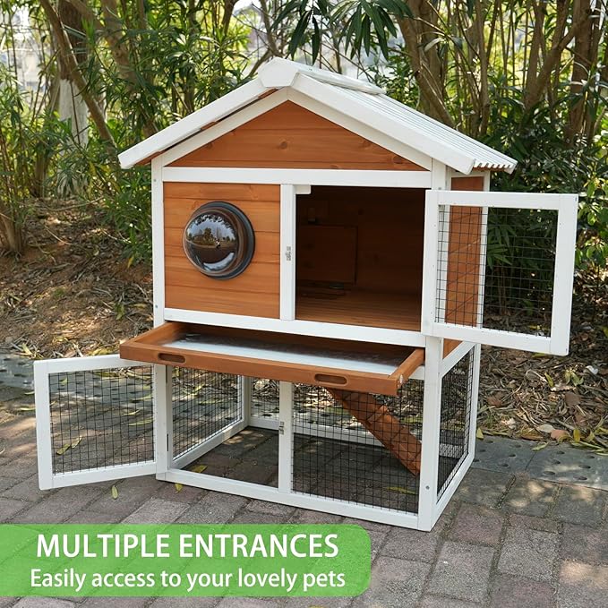 Wooden Rabbit Hutch with Matching PVC Material, Protected from Wind, rain and Snow, Rabbit House with ramped Stairs, Lockable Door, Ball Windows and Breathable mesh Door with Removable Tray.（84965）
