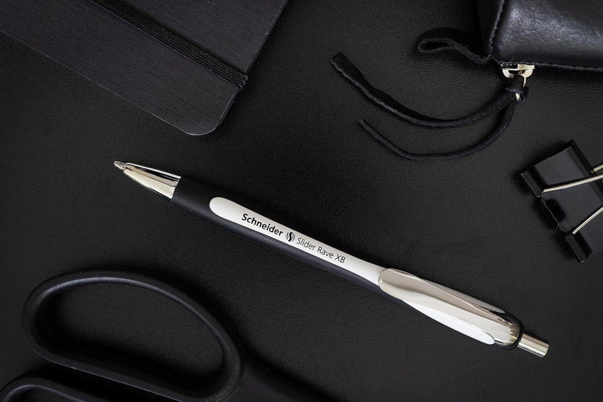 Schneider Limited Edition Slider Rave Black, XB (Extra Broad) Ballpoint Pen, Refillable + Retractable, 1.4 mm, White-Black Barrel, Blue Ink, Box of 5 Pens (132549)