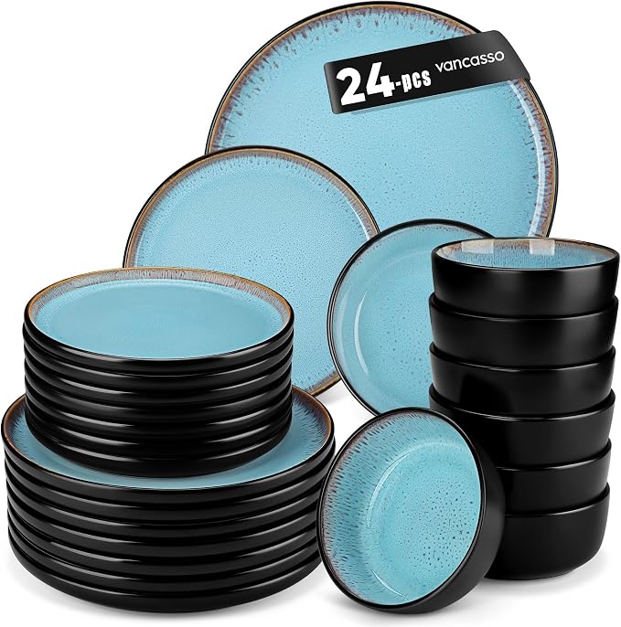 vancasso Plates and Bowls Sets, 24 Pieces Stoneware Dinnerware Sets