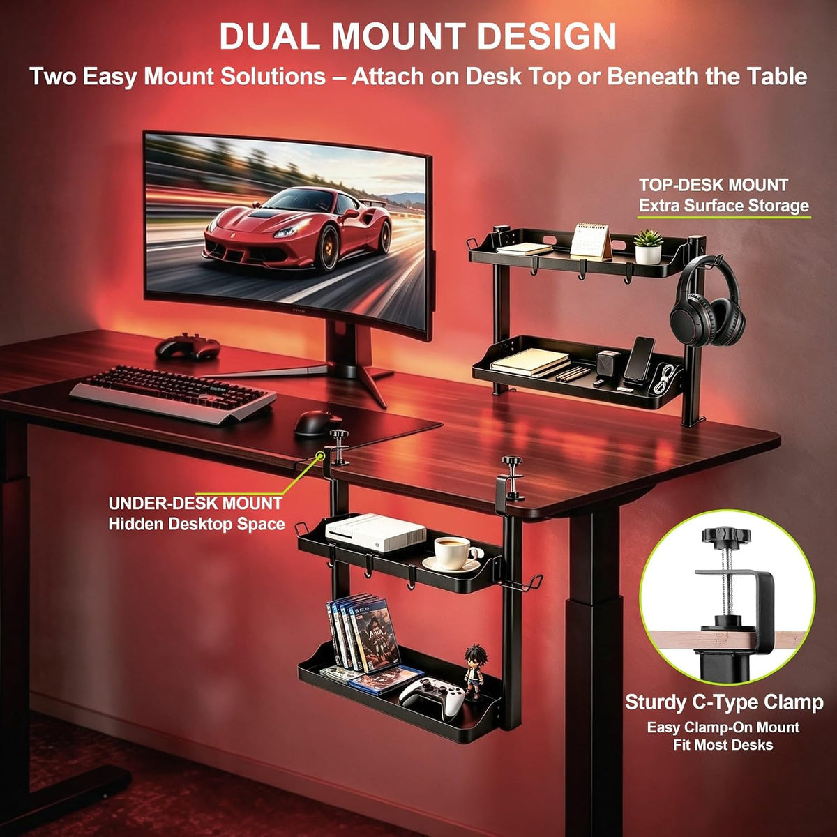 Clamp On Desk Shelf Organizer, 2-Tier Storage with Hooks