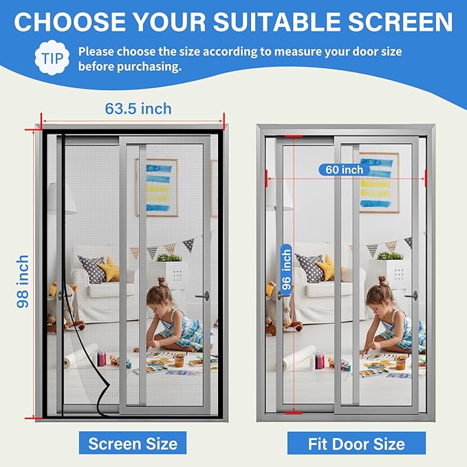 Magnetic Screen Door Mesh Left Right Side Opening Upgraded PET Material Mesh Stronger Than Fiberglass and Polyester,Keep Bugs Out,Pet & Kid Friendly,Hands Free,Fit Door Size 60" X 96"