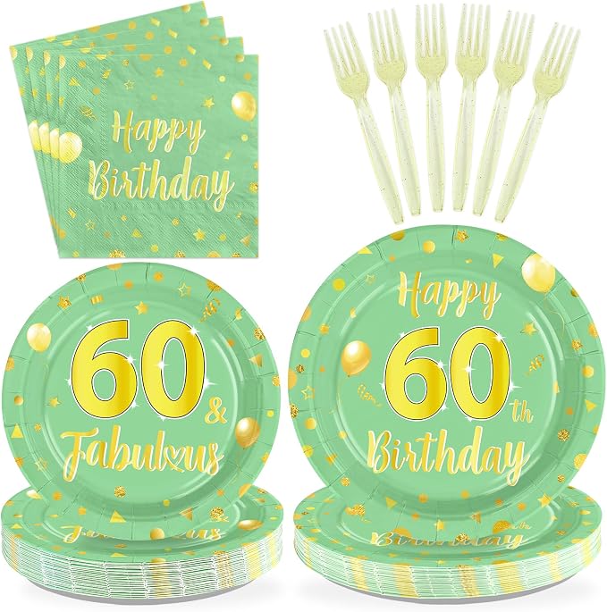96 Pcs Sage Green Gold 60th Birthday Decorations Serves24 | 60th Birthday