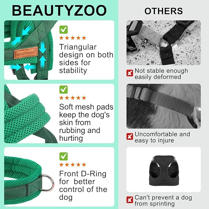 BEAUTYZOO No Pull Dog Harness Medium Sized Dog, Breathable Mesh Padded Dog Harness and Leash Set, Adjustable Reflective Escape Proof Dog Vest Harnessss Quick Fit for Training Walking, Green M