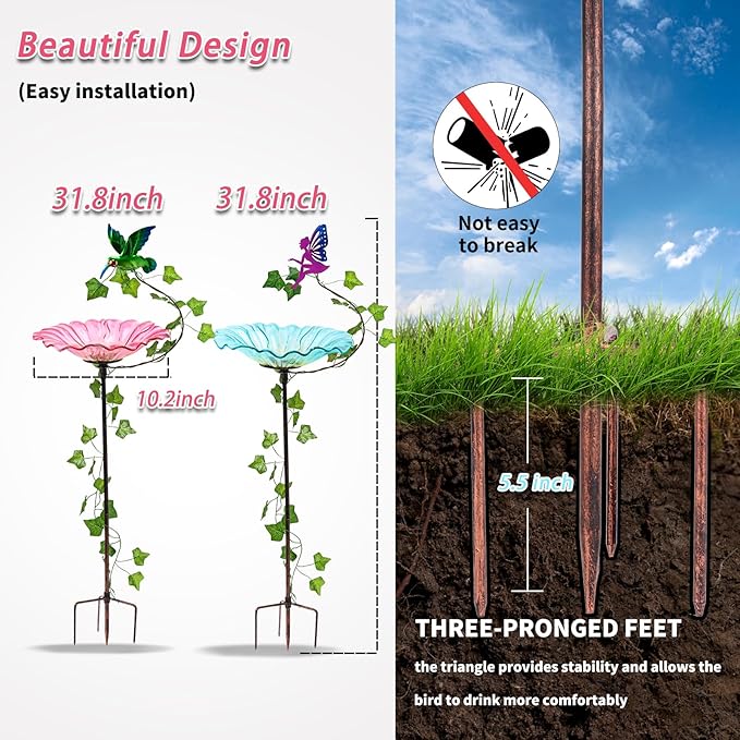 MUMTOP Bird Baths for Outdoors, 2 Pack Glass Bird Bath Stake, Hummingbird and Fairy Birdbaths & Support with Leafs, Bee Baths for Garden, Outside, Lawn, Outdoor Decor (Blue,Pink)