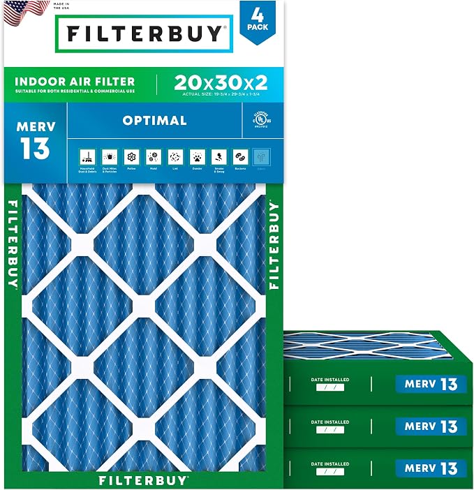 Filterbuy 20x30x2 Air Filter MERV 13 Optimal Smoke & Allergy Defense,