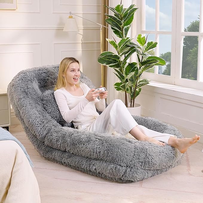 Gray Foldable Human Dog Bed - 69"x35"x12" Fits You & Pets with Comfy Pillow, Washable Faux Fur, Oversized Lounger Lazy Sofa Beds with 5 Adjustable Position