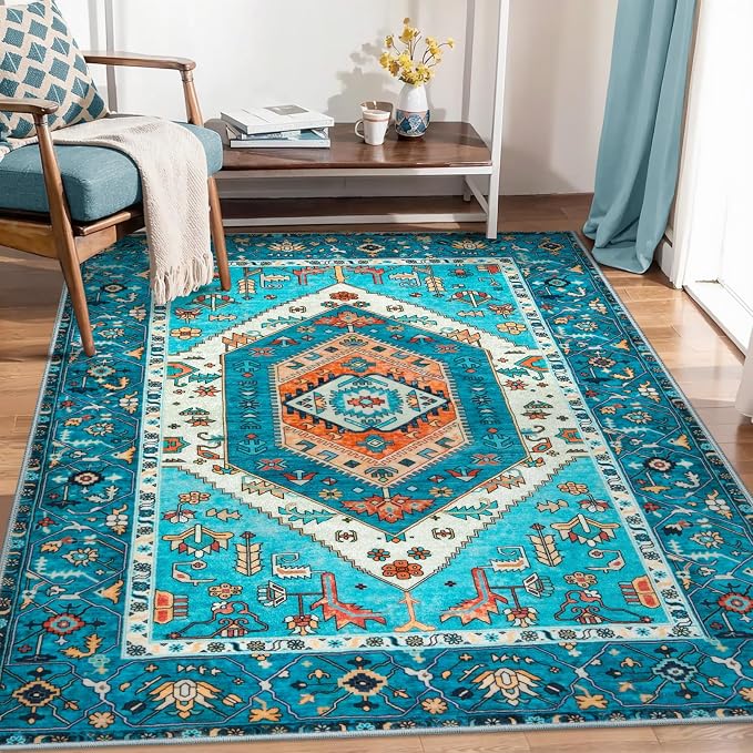 SERISSA Boho Area Rug 5x7 Blue, Washable Rugs