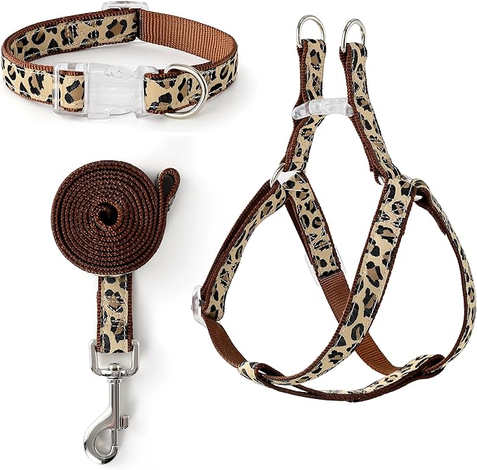 Mile High Life Leopard Dog Harness Collar Leash Set, Adjustable No Pull Dog Halter Harness for Small Breed Dogs, Easy Control for Training Walking (Brown, M Chest 15"-21", Neck 13"-17")