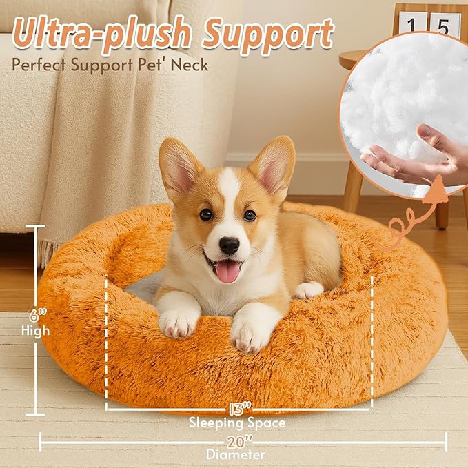 JOLLYVOGUE Calming Dog & Cat Bed for Small Dogs, Anti-Anxiety Donut Cuddler Cozy Soft Round Bed with Anti-Slip Bottom, Fluffy Faux Fur Plush Cushion Beds for Small Medium Pets (20")