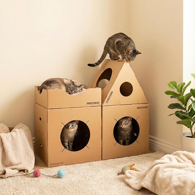 Modular Cardboard Cat Condo System, Semi-Enclosed Cube Module with Side Openings, Foldable Stackable DIY Cat House for Indoor Cats