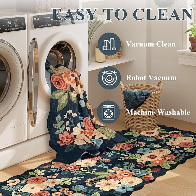 DUKINO 2.6x10 Runner Rug for Hallway, Lightweight Washable Floral Kitchen Rug