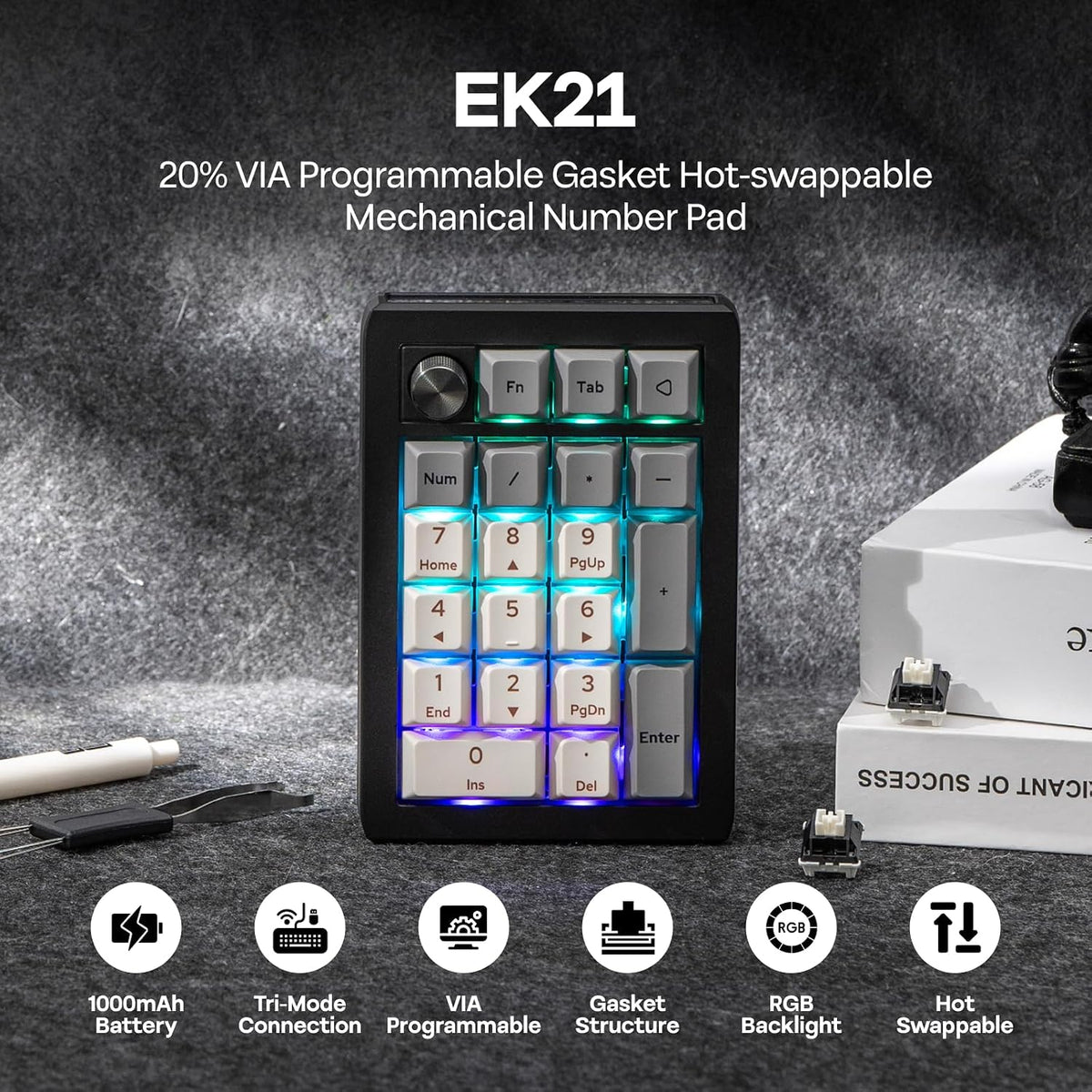 EPOMAKER EK21 VIA Gasket Number Pad w/ 1000mAh Battery, BT 5.0/2.4GHz/Wired
