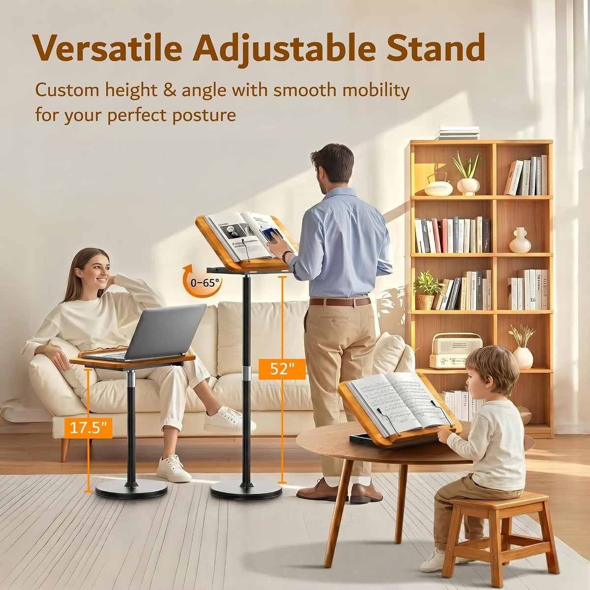 2-in-1 Floor & Desktop Book Stand with Large 16.5"x11.8" Solid Wood Panel