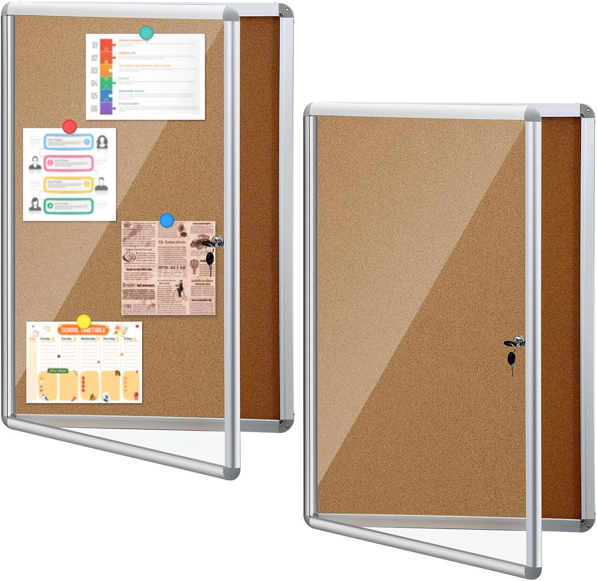Blulu 2 Set 24 x 36 Inch Enclosed Bulletin Boards Lockable Noticeboard Windproof Outdoor Cork Display Wall Case with Locking Door for School Office Notices(Burlywood)