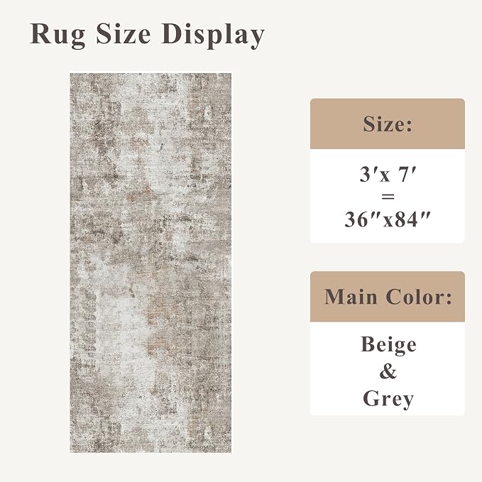 3x7 Washable Non-Slip Kitchen Runner Rug – Modern Abstract Neutral Beige & Gray