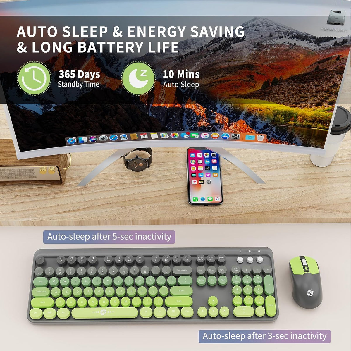 Wireless Keyboard and Mouse Combo, 2.4 GHz Wireless Full-Sized Typewriter Keyboard with Round Keycaps for Windows, Computer, Desktop, PC, Laptop (GreyGreen)