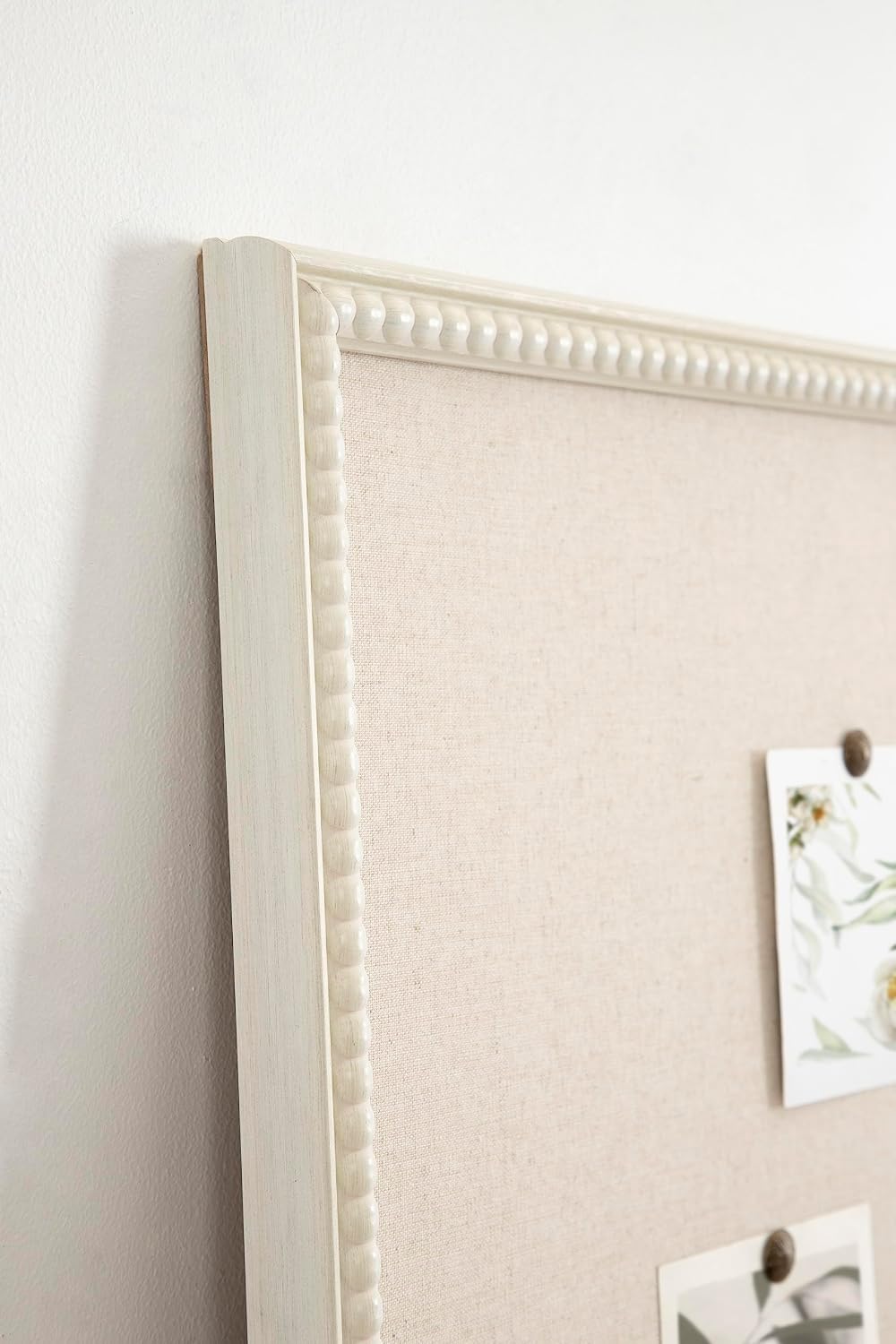 Kate and Laurel Makenna Rectangle Framed Linen Fabric Pinboard, 24 x 36, Soft White, Traditional Beaded Bulletin Board for Vintage Home Wall Organization or Aspirational Vision Board