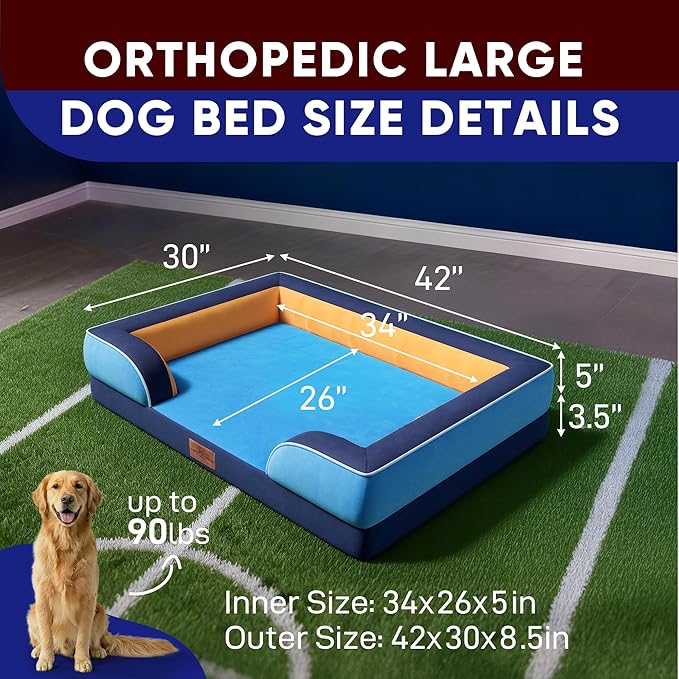 Comfort Expression Orthopedic Dog Bed for Extra Large Dogs 42x30 Inch, Waterproof Egg Crate Foam XL Pet Bed with Removable Bolsters, Dog Couch with Washable Cover & Non-Slip Bottom, Houston