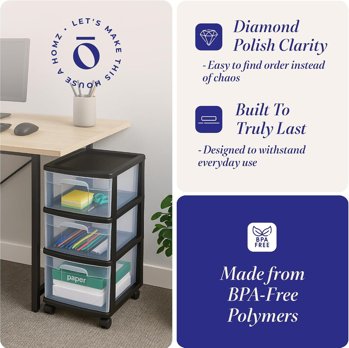 HOMZ Drawer Tower 3-Tier Storage Cart, Removable Wheels, Black Frame,2 Pack