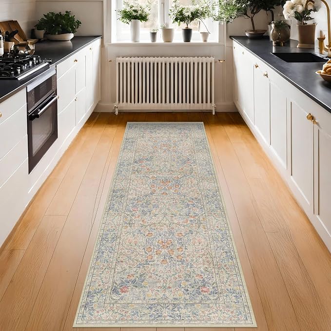 Hazo Haus Non Slip Beige Blue Hallway Runner Rug