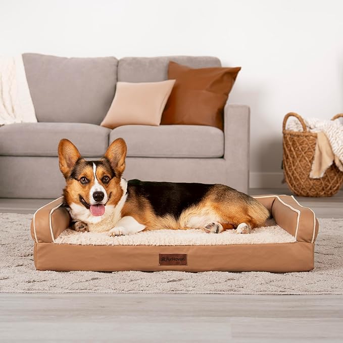 Furhaven Cooling Dog Sofa Bed – Memory Foam Couch with Bolsters, Textured Plush & Water-Resistant Cover, Washable Cover - Camel, Medium