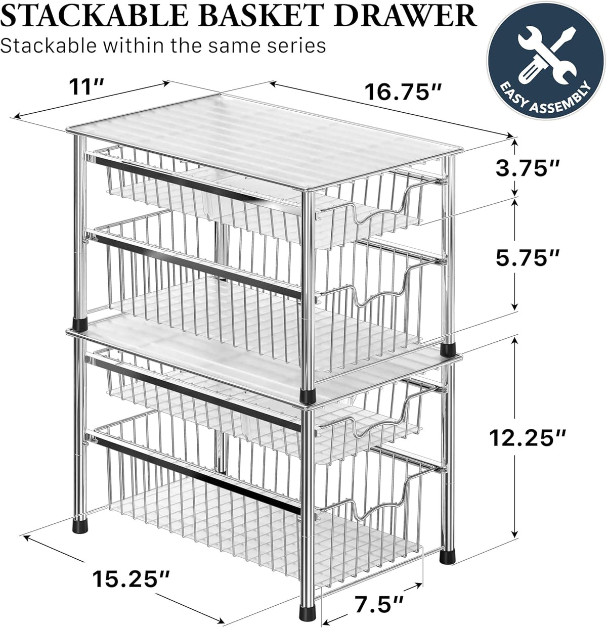 Simple Houseware Stackable 2 Tier Sliding Basket Organizer Drawer, Chrome