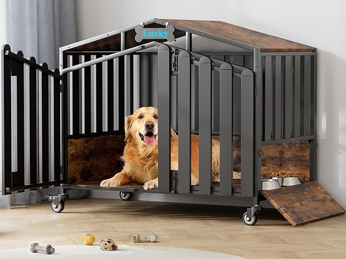 EasyCom 41“ XL Heavy Duty Dog Crate Furniture, Dogs Kennel Indoor with 360° Wheels, Dog Crates for Medium Dogs(35-60lb), Wooden Dog Cage with Feeding Window and Name Tag, Dog House, Rustic Brown