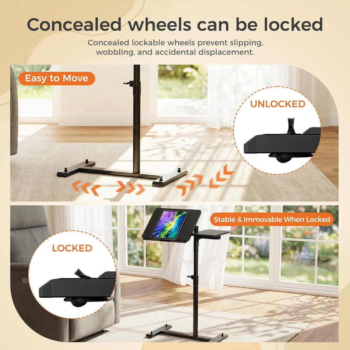 Aothia Small Standing Desk Rolling Table Adjustable Height, Laptop Mobile Stand with Wheels, Overbed Table, Portable Computer Workstation with Tiltable Desktop for Teacher Classroom Home Office, Black