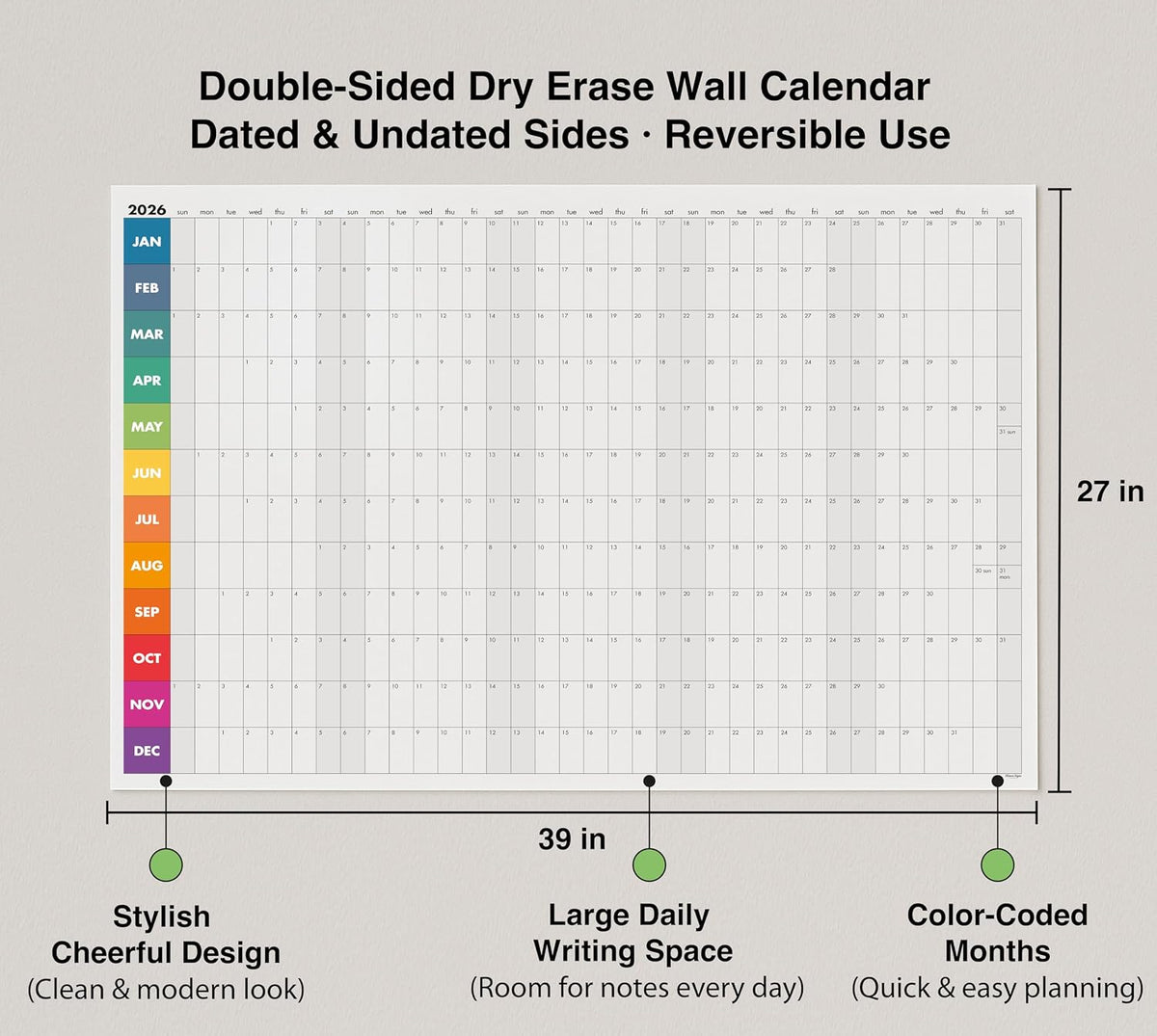 Dry Erase Wall Calendar 2026, 27×39 in — Double-Sided Yearly Planner (Dated & Undated), Reusable Write & Wipe, Large Wall Planner for Home, Office, Classroom — Rolled Poster.