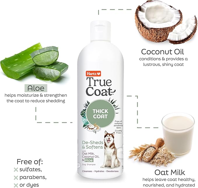 Hartz True Coat Thick Coat Dog Shampoo, 5 in 1 De‑Sheds & Softens with Oat Milk, Coconut Oil & Aloe, 16 oz