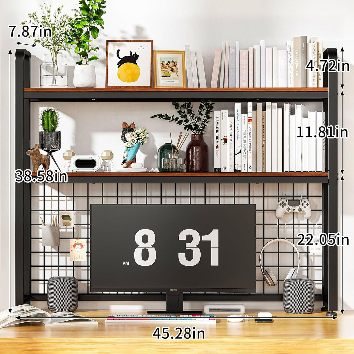 HUATOL Desktop Bookshelf for Computer Desk, 2-Tier Multipurpose Wood Countertop Bookshelf, Multipurpose Freestanding Storage Rack Display Shelf for Office, Home Decor, Kitchen, Brown